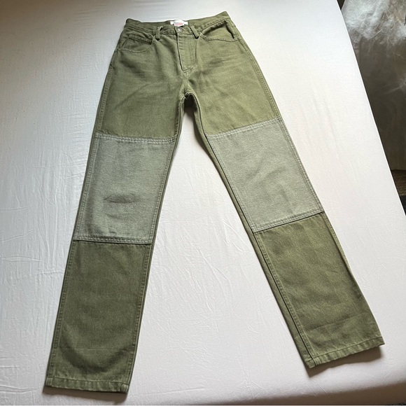 CARLEEN olive army green straight leg carpenter utility patchwork color block